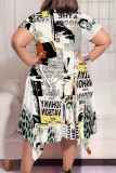 White Casual Graphics Print Pocket O Neck Short Sleeve Irregular Hem Plus Size Midi T-shirt Dresses