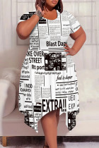 White Black Casual Graphics Print Pocket O Neck Short Sleeve Irregular Hem Plus Size Midi T-shirt Dresses