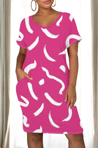 Rose Red Casual Graphics Print O Neck Short Sleeve Loose Straight Midi T-Shirt Dress