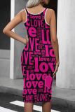 Pink Casual Letter Print Square Neck Sleeveless Vacation Bodycon Midi Tank Dress