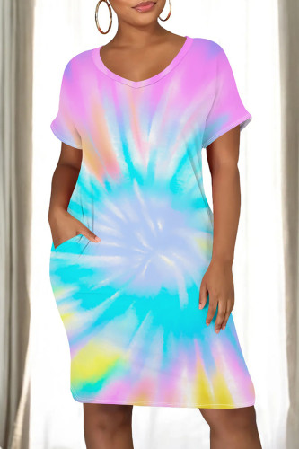 Blue Purple Casual Graphics Print O Neck Short Sleeve Loose Straight Midi T-Shirt Dress