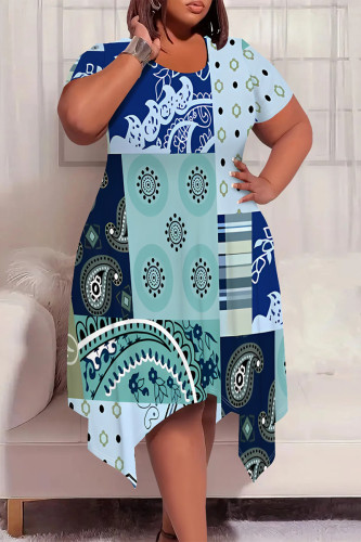 Blue Casual Graphics Print Pocket O Neck Short Sleeve Irregular Hem Plus Size Midi T-shirt Dresses