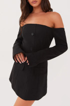 Black Formal Buckle Off Shoulder Long Sleeve Wrapped Skirt Evening Party Bodycon Mini Blazer Dresses