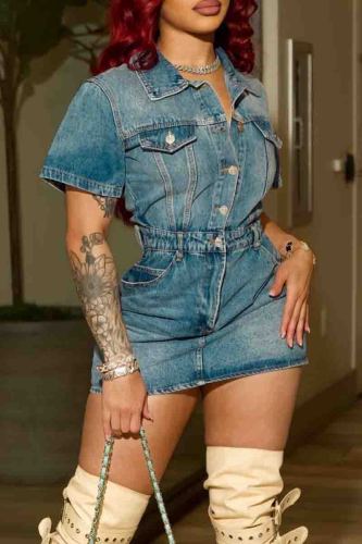 The cowboy blue Street Turndown Collar Shorts Sleeve Pocket Buckle Denim Rompers