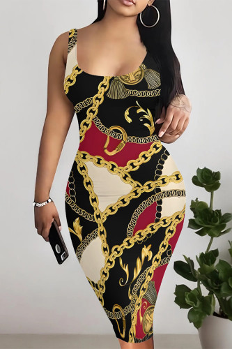 Black Red Casual Graphics Barbie Print U Neck Sleeveless Vacation Bodycon Midi Tank Dress