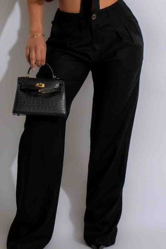 Black Formal Pocket Buttons Zipper Loose Mid Waist Office Lady Wide Leg Pants
