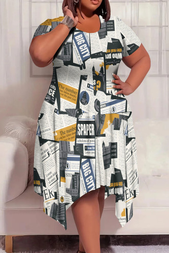 Yellow White Casual Graphics Print Pocket O Neck Short Sleeve Irregular Hem Plus Size Midi T-shirt Dresses
