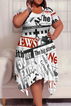 Red White Casual Graphics Print Pocket O Neck Short Sleeve Irregular Hem Plus Size Midi T-shirt Dresses