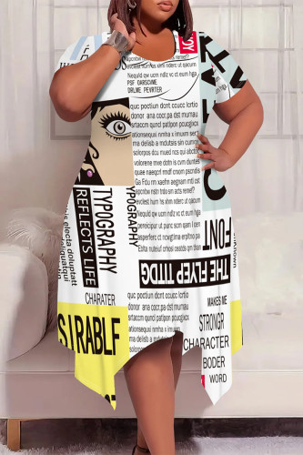 White Casual Graphics Print Pocket O Neck Short Sleeve Irregular Hem Plus Size Midi T-shirt Dresses