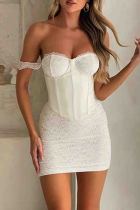 White Lace Flower Print Sleeveless Backless Strapless Zipper Wrapped Skirt Bodycon Mini Blazer Dresses