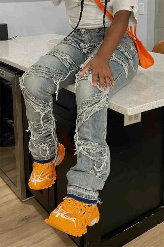 Light Blue Street Buttons Zipper Mid Waist Straight Leg Distressed Ripped Denim Jeans