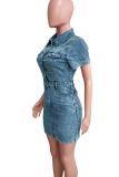 The cowboy blue Street Turndown Collar Shorts Sleeve Pocket Buckle Denim Rompers