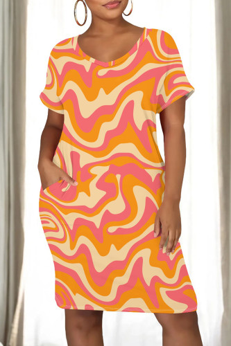 Orange Casual Graphics Print O Neck Short Sleeve Loose Straight Midi T-Shirt Dress