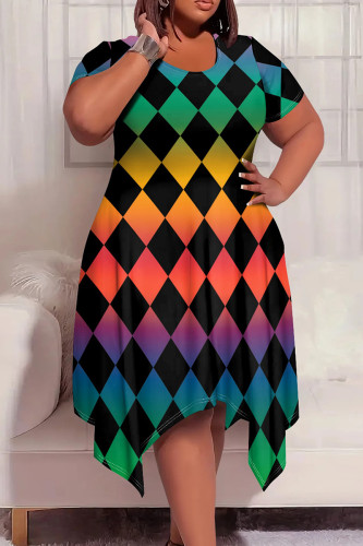 Colour Casual Graphics Print Pocket O Neck Short Sleeve Irregular Hem Plus Size Midi T-shirt Dresses