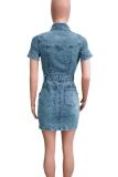 The cowboy blue Street Turndown Collar Shorts Sleeve Pocket Buckle Denim Rompers
