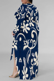 Colour Casual Floral Print V Neck Long Sleeve With Belt Side Slit Long Loose Vacation Plus Size Maxi Dresses
