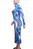 Purple Formal Graphics Print Half A Turtleneck Long Sleeve Wrapped Skirt Bodycon Midi Dresses