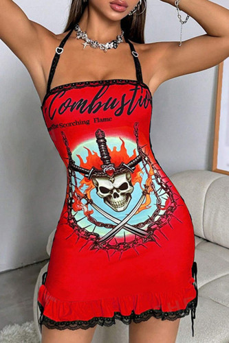 Red Sexy Print Lace Patchwork Backless Cross Straps Halter Wrapped Skirt Dresses