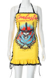 Rose Red Sexy Print Lace Patchwork Backless Cross Straps Halter Wrapped Skirt Dresses