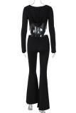 Brownness Casual Solid Color Hollow Out Patchwork Backless Hooded Regular Jumpsuits