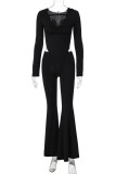 Brownness Casual Solid Color Hollow Out Patchwork Backless Hooded Regular Jumpsuits