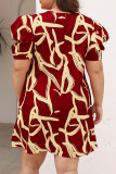 Green Casual Graphics Print O Neck Puff Sleeve Straight Loose Vacation Plus Size Mini Dresses