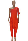 Light Blue Casual Solid Color Pocket Backless Oblique Collar Fitted Jumpsuits