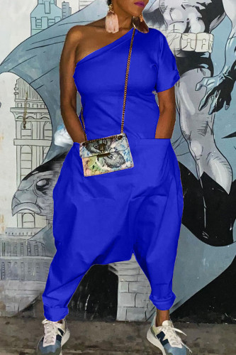 Royal Blue Casual Solid Color Pocket Backless Oblique Collar Fitted Jumpsuits