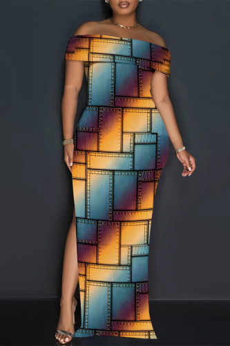 Multicolor Graphics Print Off Shoulder Long Flutter Sleeve Mermaid Hem Side Slit Vacation Boho Style Maxi Dress