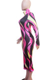 Purple Formal Graphics Print Half A Turtleneck Long Sleeve Wrapped Skirt Bodycon Midi Dresses