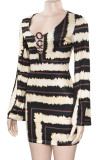 Apricot Graphics Print Hollow Out V Neck Long Sleeve Wrapped Skirt Evening Bodycon Mini Dresses