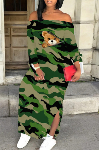 Ink Green Casual Geometric Camouflage Print Long Sleeve Side Slit Vacation Bodycon Maxi Dress