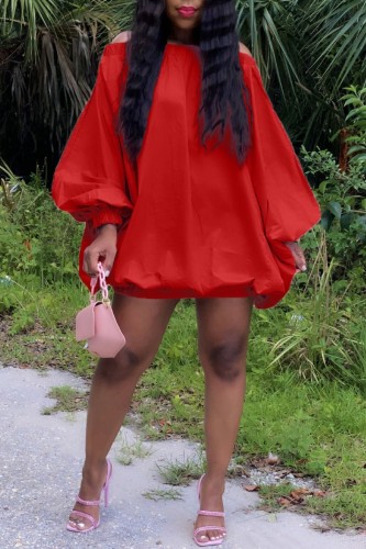 Red Casual Solid Color Backless Off Shoulder Long Sleeve Dresses