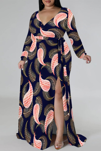 Black Pink Casual Floral Print V Neck Long Sleeve With Belt Side Slit Long Loose Vacation Plus Size Maxi Dresses