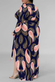 Colour Casual Floral Print V Neck Long Sleeve With Belt Side Slit Long Loose Vacation Plus Size Maxi Dresses