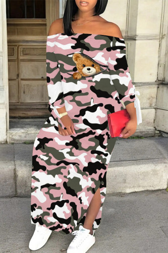 Pink Casual Geometric Camouflage Print Long Sleeve Side Slit Vacation Bodycon Maxi Dress