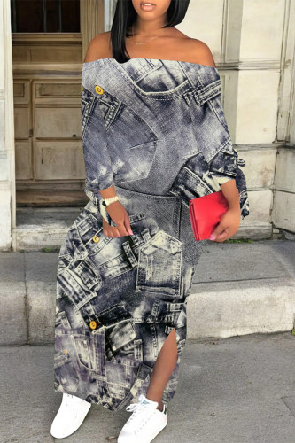 Grey Faux Denim Print Off Shoulder Long Sleeve Side Slit Vacation Bodycon Maxi Dress