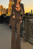 Brownness Casual Solid Color Hollow Out Patchwork Backless Hooded Regular Jumpsuits