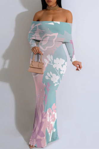 Baby Blue Floral Print Off Shoulder Long Flutter Sleeve Mermaid Hem Vacation Boho Style Maxi Dresse