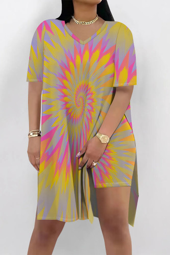 Yellow Purple Casual Dye Tie Print V Neck Short Sleeve Longline Slit Oversize T-shirt And Shorts Two Pieces Shorts Sets