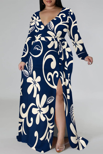 Deep Blue Casual Floral Print V Neck Long Sleeve With Belt Side Slit Long Loose Vacation Plus Size Maxi Dresses