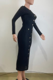 White Elegant Solid Color Buckle Patchwork O Neck Long Dresses