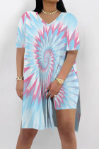 Light Blue Casual Dye Tie Print V Neck Short Sleeve Longline Slit Oversize T-shirt And Shorts Two Pieces Shorts Sets