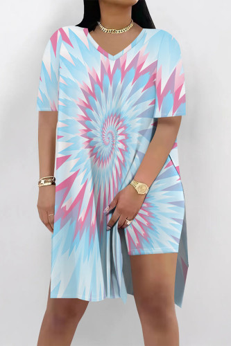 Light Blue Casual Dye Tie Print V Neck Short Sleeve Longline Slit Oversize T-shirt And Shorts Two Pieces Shorts Sets