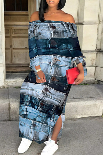 Blue Faux Denim Print Off Shoulder Long Sleeve Side Slit Vacation Bodycon Maxi Dress