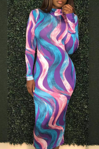 Purple Formal Graphics Print Half A Turtleneck Long Sleeve Wrapped Skirt Bodycon Midi Dresses