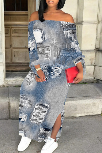 Baby Blue Faux Denim Print Off Shoulder Long Sleeve Side Slit Vacation Bodycon Maxi Dress