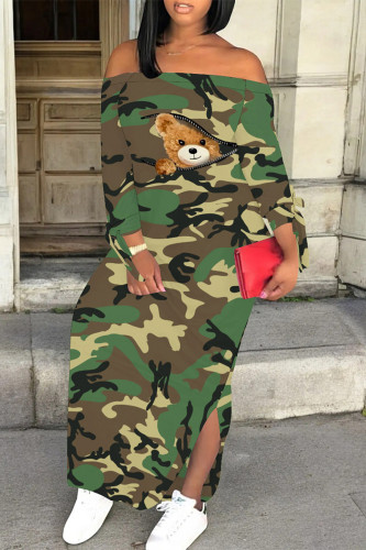Army Green Casual Geometric Camouflage Print Long Sleeve Side Slit Vacation Bodycon Maxi Dress