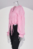 Black Sexy Solid Color Patchwork See-Through Ruched Strap Design V Neck Tops