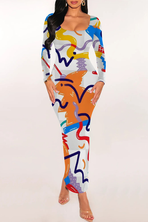 White Elegant Geometric Print Contrast U Neck One Step Skirt Dresses